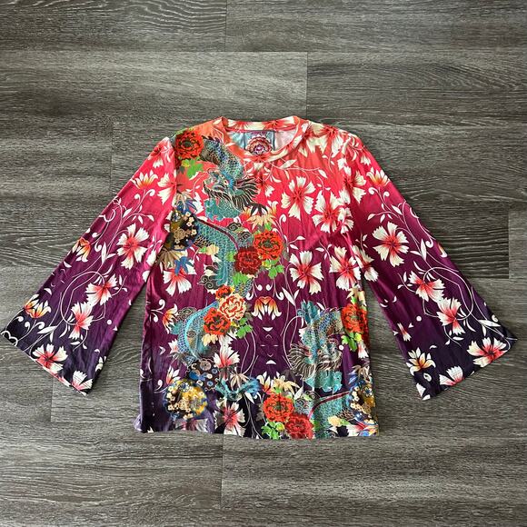 EUC Johnny Was Adalena Kimono Sleeve Tee Size XS Floral Dragon Print Stretch Top - Picture 2 of 12